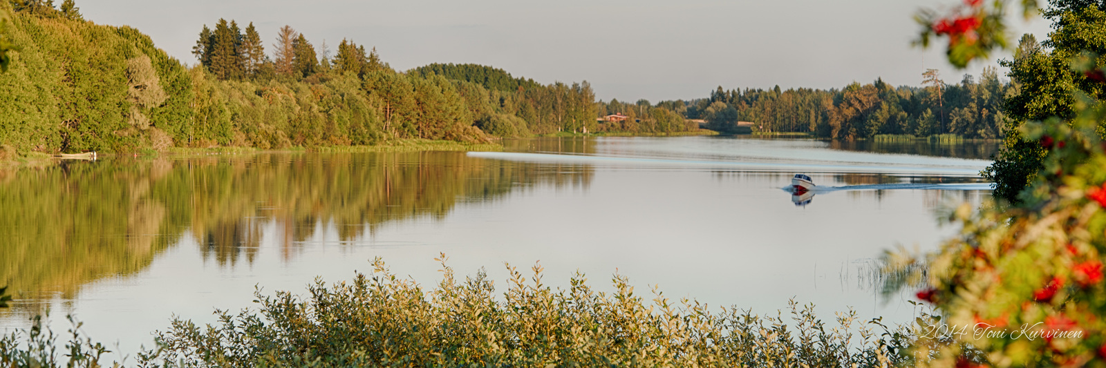 Näkymä Pitkäjärvelle syksyllä ilta-auringossa. Kaartava moottorivene rikkoo tyynen veden pinnan.